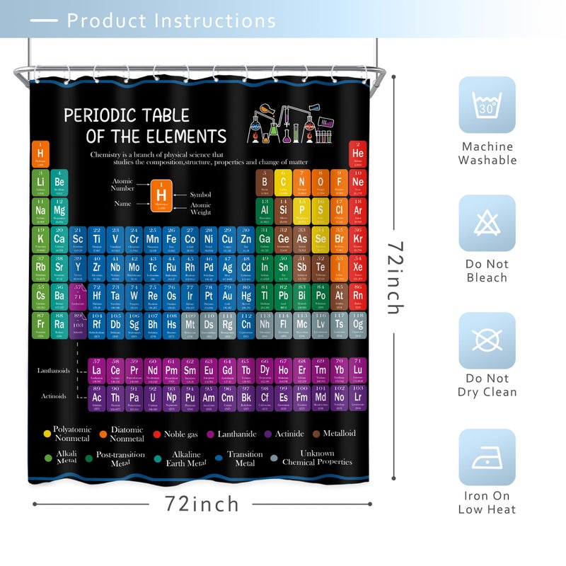Riyidecor Periodic Table of Elements Shower Curtain Colorful Science Technology Kids Chemical School Student Waterproof Fabric Polyester Bathroom Decor Set 72x72 Inch 12 Pack Plastic Hooks - Image 5